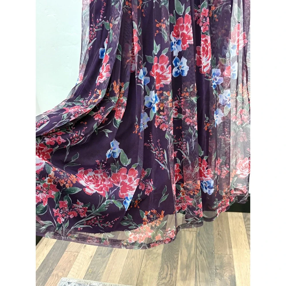 Candolite Petite Purple Floral Mesh Maxi Dress Sleeveless PM DB7359-MLP-21542RH